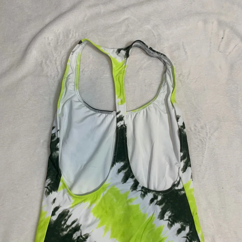 Aerie Tie Dye One Piece Swimsuit Neon Green Black‎ White Racerback Size M
